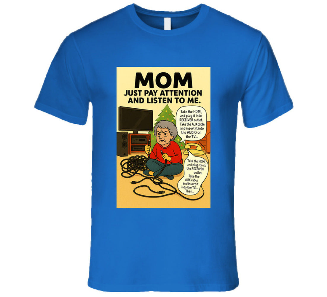 “Funny Christmas tech fail T-shirt with frustrated mom and tangled cords – Smiling Wombat”
