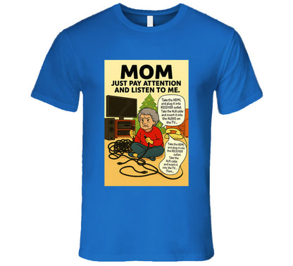 “Funny Christmas tech fail T-shirt with frustrated mom and tangled cords – Smiling Wombat”