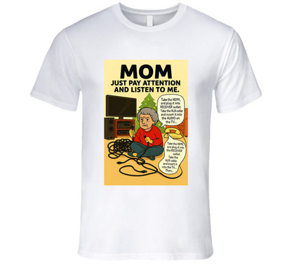 “Funny Christmas tech fail T-shirt with frustrated mom and tangled cords – Smiling Wombat”