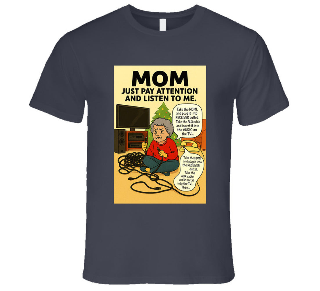 “Funny Christmas tech fail T-shirt with frustrated mom and tangled cords – Smiling Wombat”