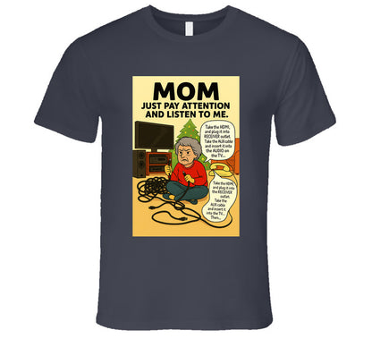 “Funny Christmas tech fail T-shirt with frustrated mom and tangled cords – Smiling Wombat”