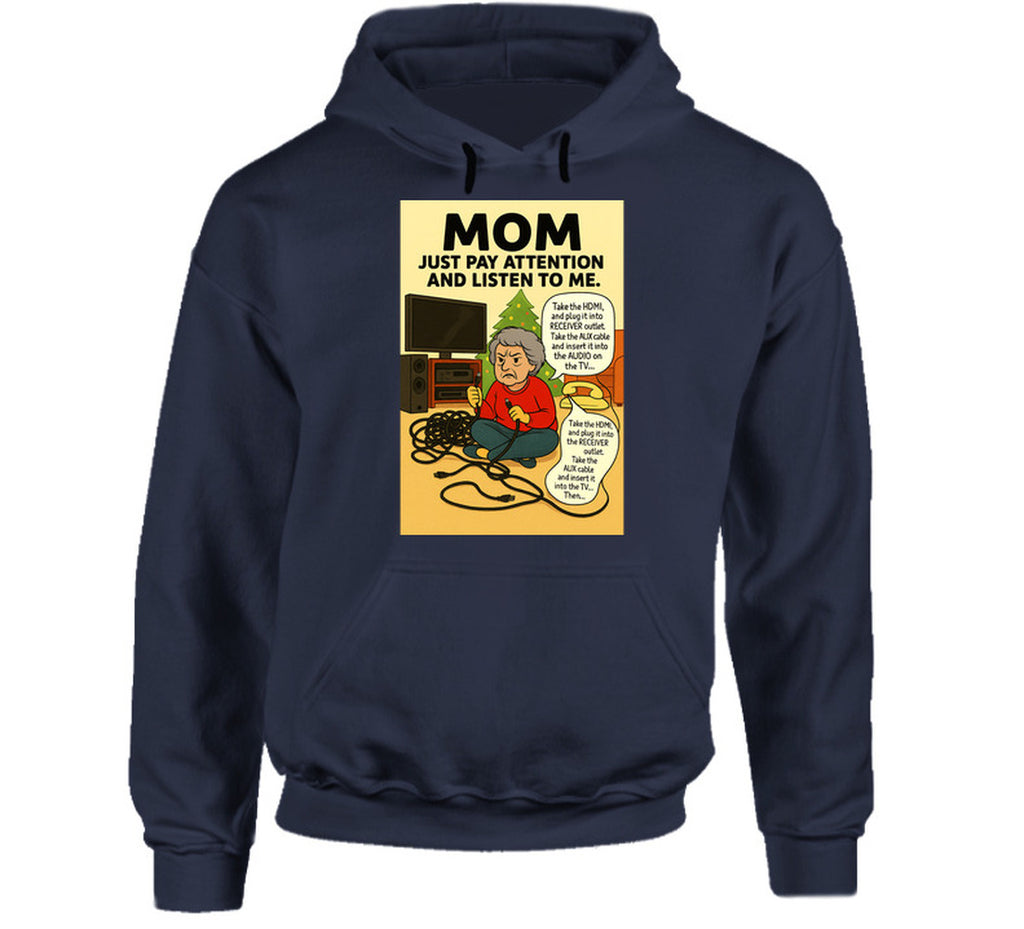 “Smiling Wombat hoodie with tangled cords, frustrated mom, and Christmas tree background”