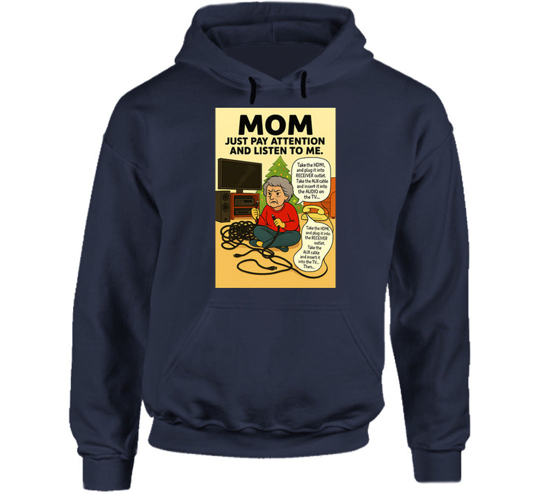 “Smiling Wombat hoodie with tangled cords, frustrated mom, and Christmas tree background”