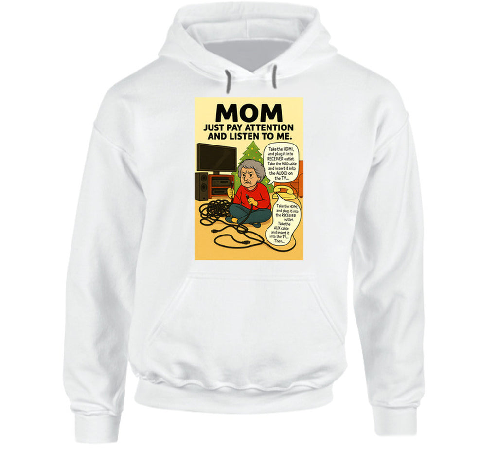 “Smiling Wombat hoodie with tangled cords, frustrated mom, and Christmas tree background”