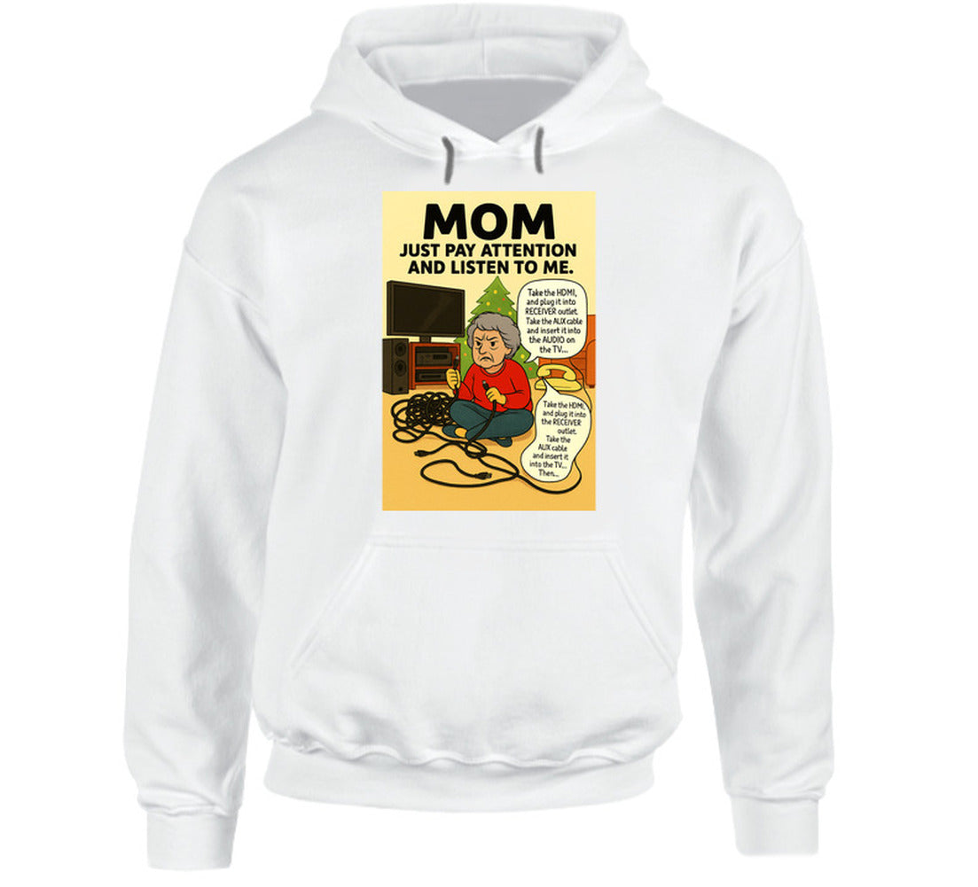 “Smiling Wombat hoodie with tangled cords, frustrated mom, and Christmas tree background”