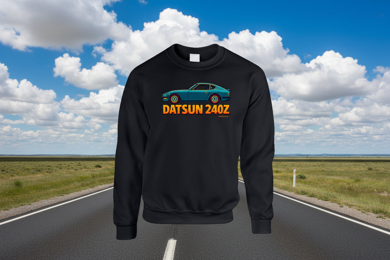- Sweatshirt: Vintage Datsun 240Z sweatshirt featuring teal sports car and gradient logo
