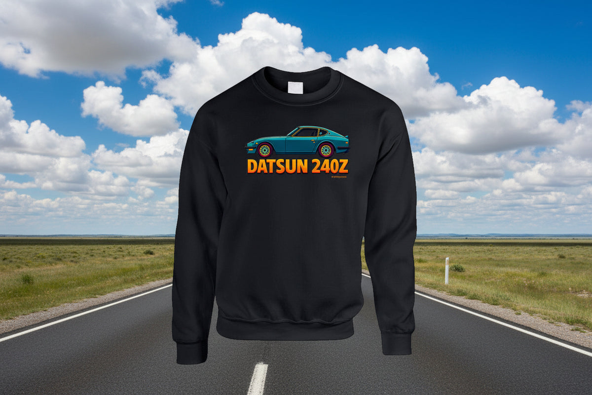 - Sweatshirt: Vintage Datsun 240Z sweatshirt featuring teal sports car and gradient logo

