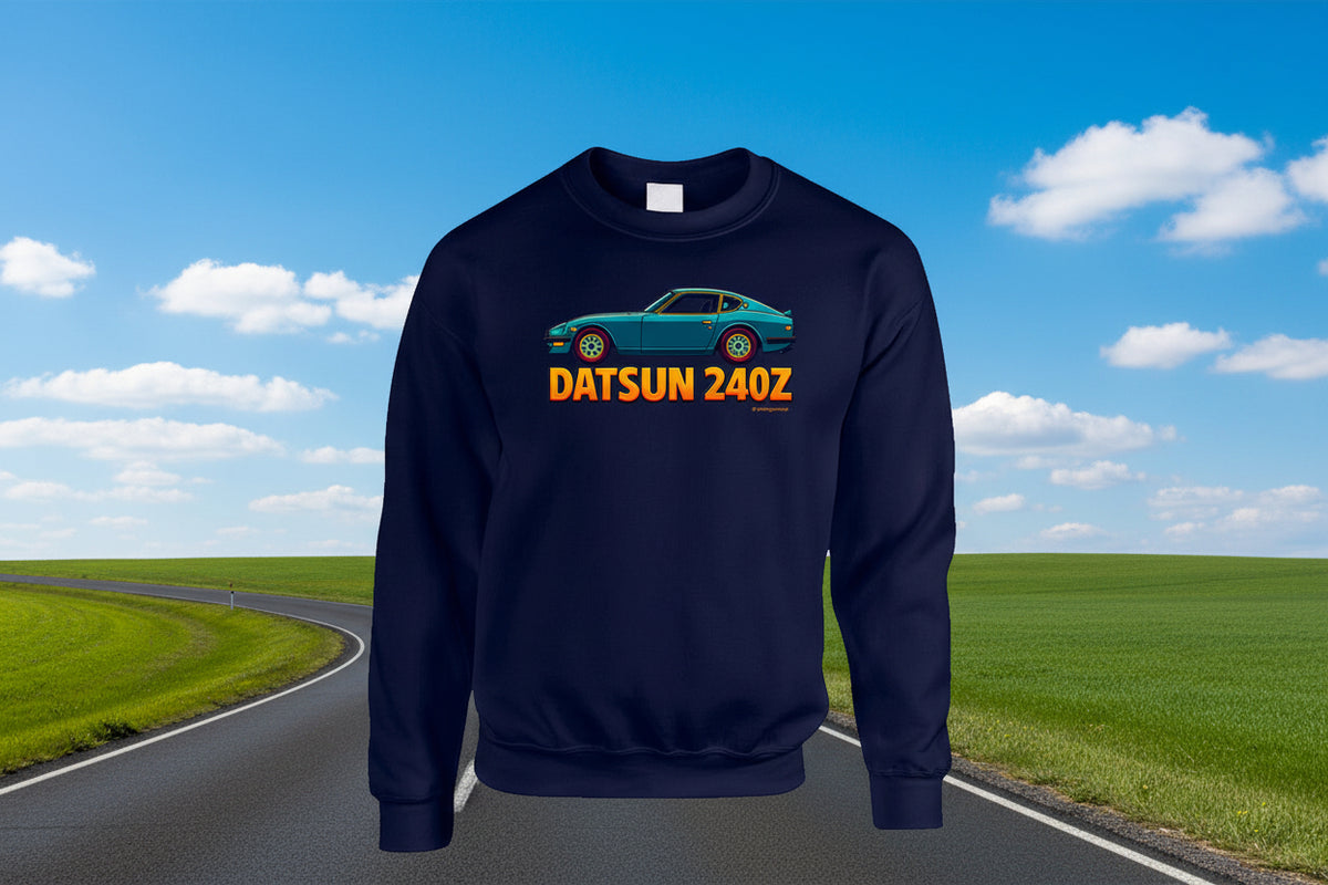 - Sweatshirt: Vintage Datsun 240Z sweatshirt featuring teal sports car and gradient logo
