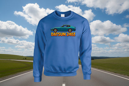 - Sweatshirt: Vintage Datsun 240Z sweatshirt featuring teal sports car and gradient logo
