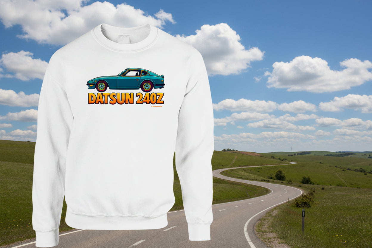 - Sweatshirt: Vintage Datsun 240Z sweatshirt featuring teal sports car and gradient logo
