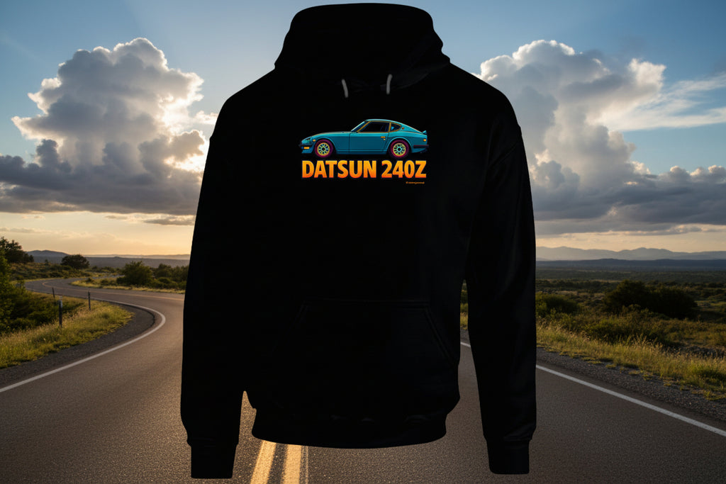 - Hoodie: Retro Datsun 240Z hoodie with stylized car design and Smiling Wombat humor

