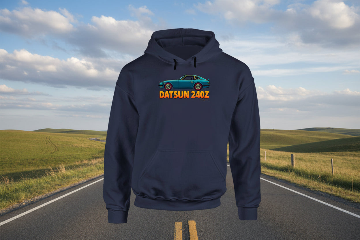 - Hoodie: Retro Datsun 240Z hoodie with stylized car design and Smiling Wombat humor
