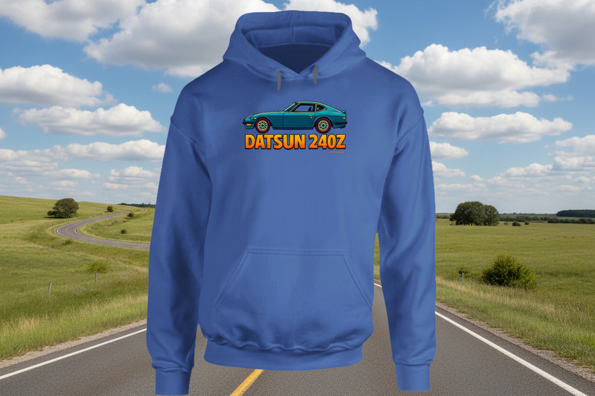 - Hoodie: Retro Datsun 240Z hoodie with stylized car design and Smiling Wombat humor

