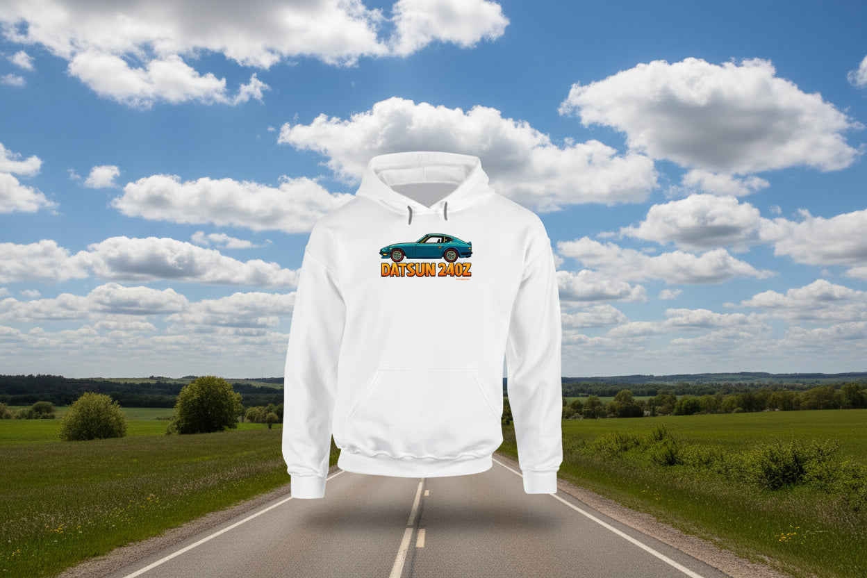 - Hoodie: Retro Datsun 240Z hoodie with stylized car design and Smiling Wombat humor
