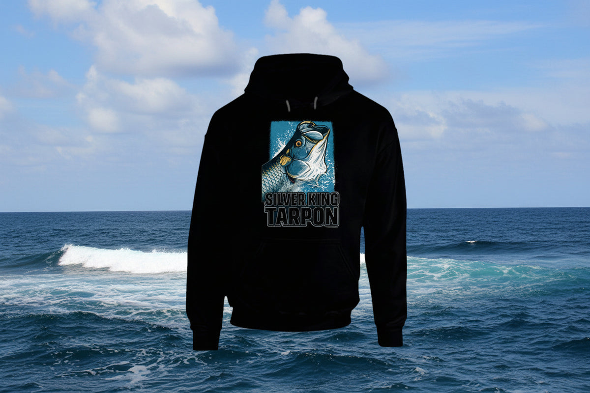 - Hoodie: Silver King Tarpon hoodie featuring bold fish illustration and Smiling Wombat humor
