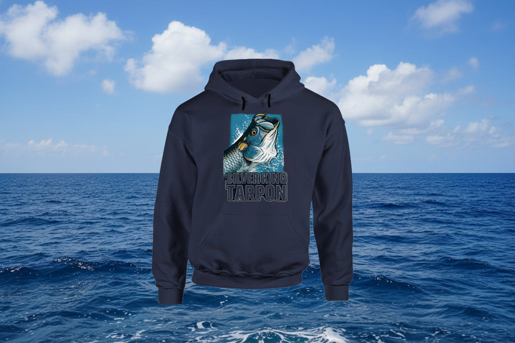 - Hoodie: Silver King Tarpon hoodie featuring bold fish illustration and Smiling Wombat humor
