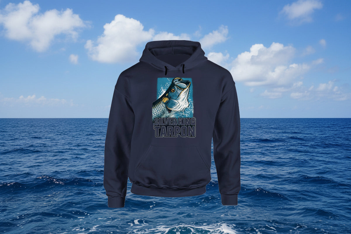 - Hoodie: Silver King Tarpon hoodie featuring bold fish illustration and Smiling Wombat humor
