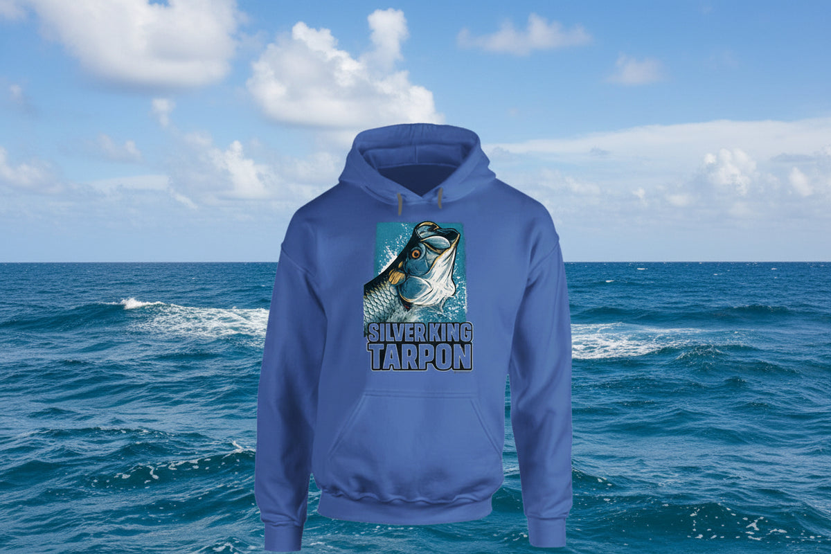 - Hoodie: Silver King Tarpon hoodie featuring bold fish illustration and Smiling Wombat humor
