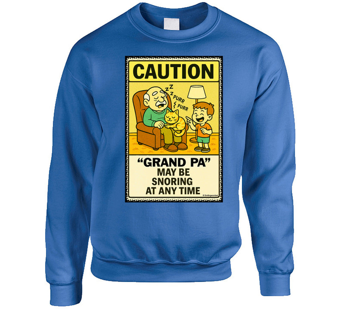 - “Humorous sweatshirt with grandpa, cat, and Do Not Disturb message – Smiling Wombat apparel”
