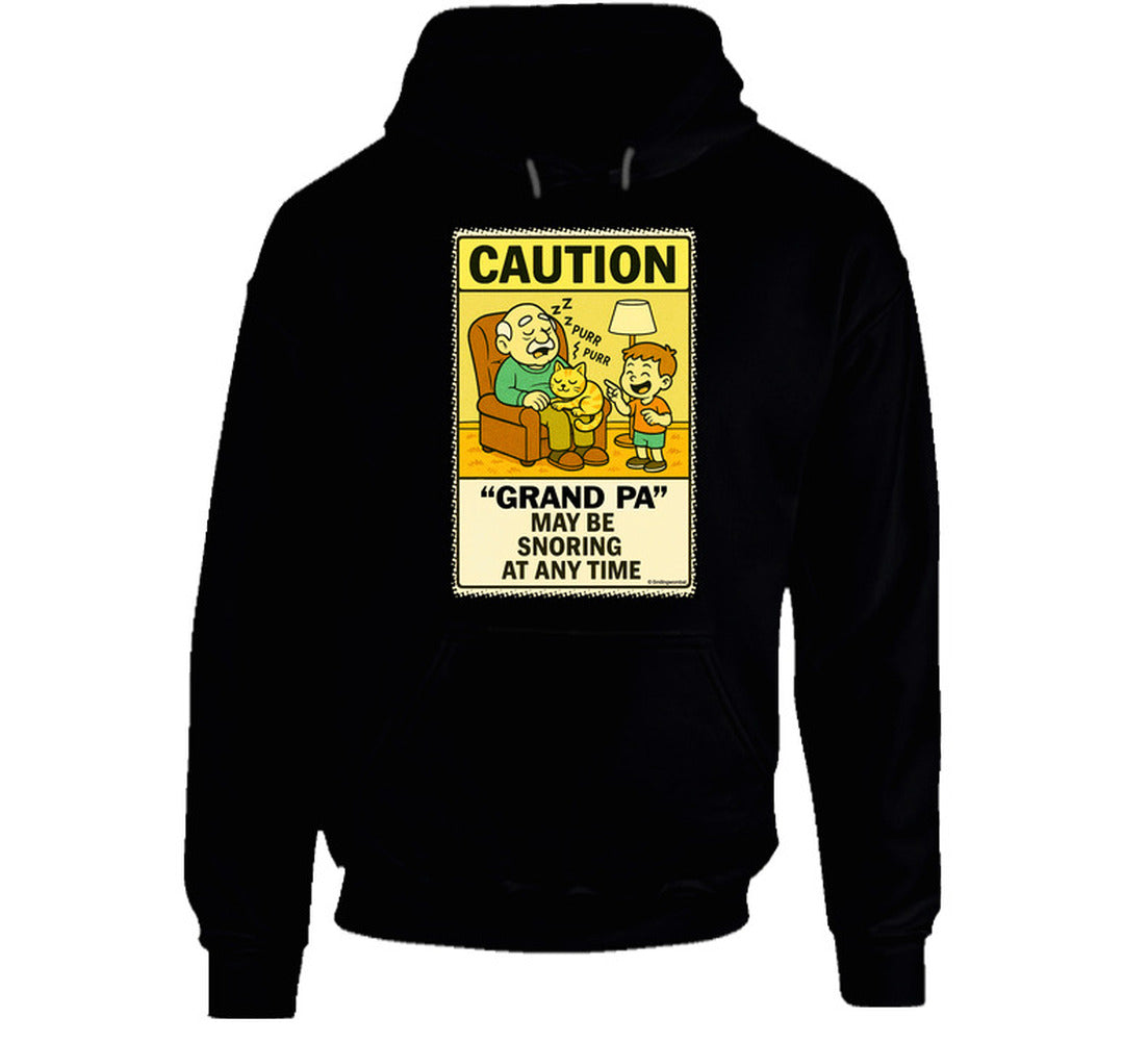 - “Funny hoodie with sleeping grandpa and caution sign – Smiling Wombat humor”
