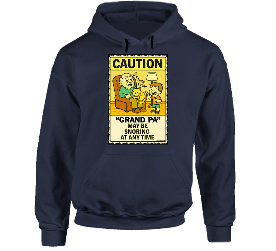 - “Funny hoodie with sleeping grandpa and caution sign – Smiling Wombat humor”
