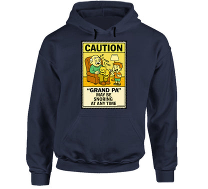 - “Funny hoodie with sleeping grandpa and caution sign – Smiling Wombat humor”
