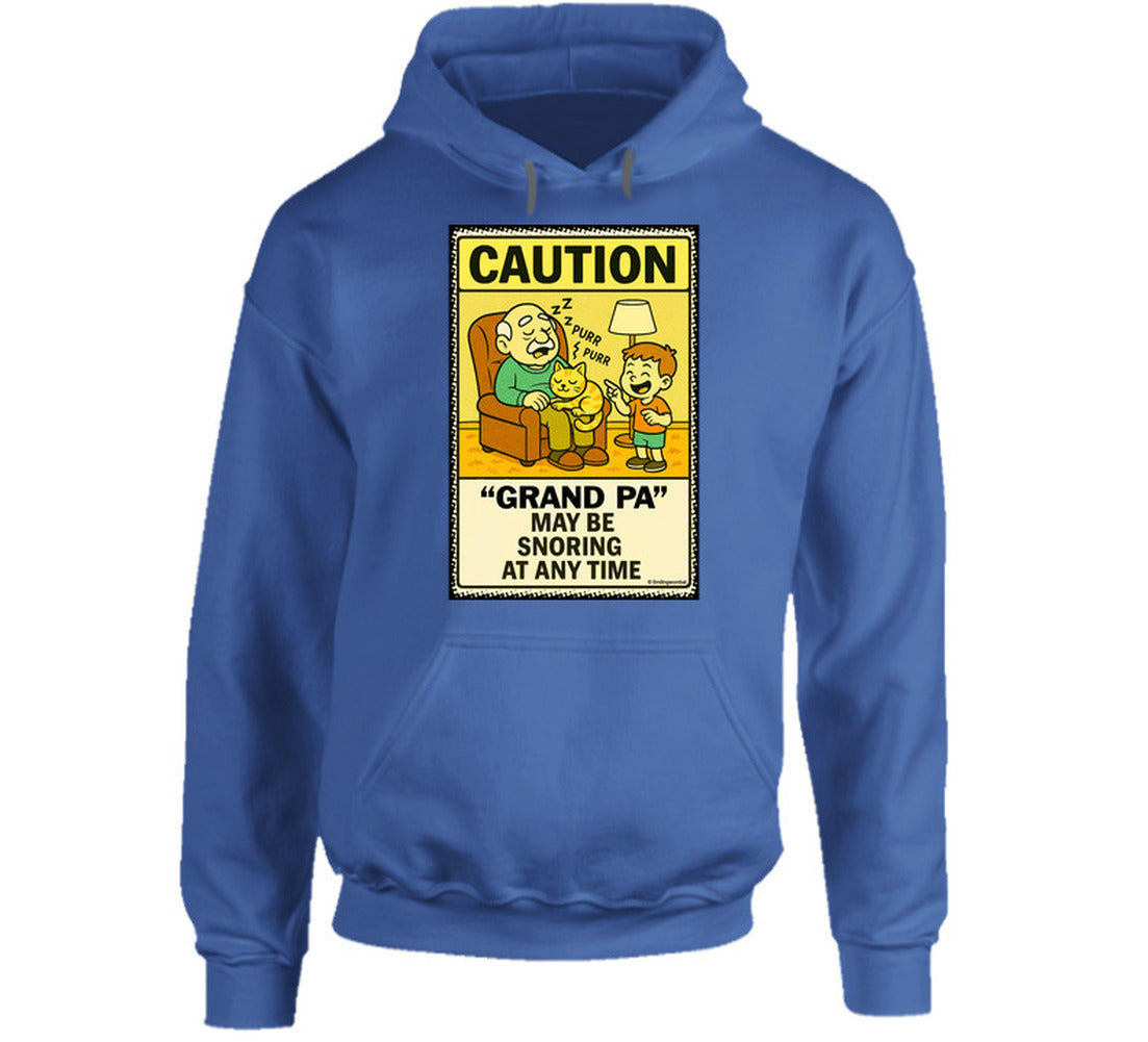 - “Funny hoodie with sleeping grandpa and caution sign – Smiling Wombat humor”

