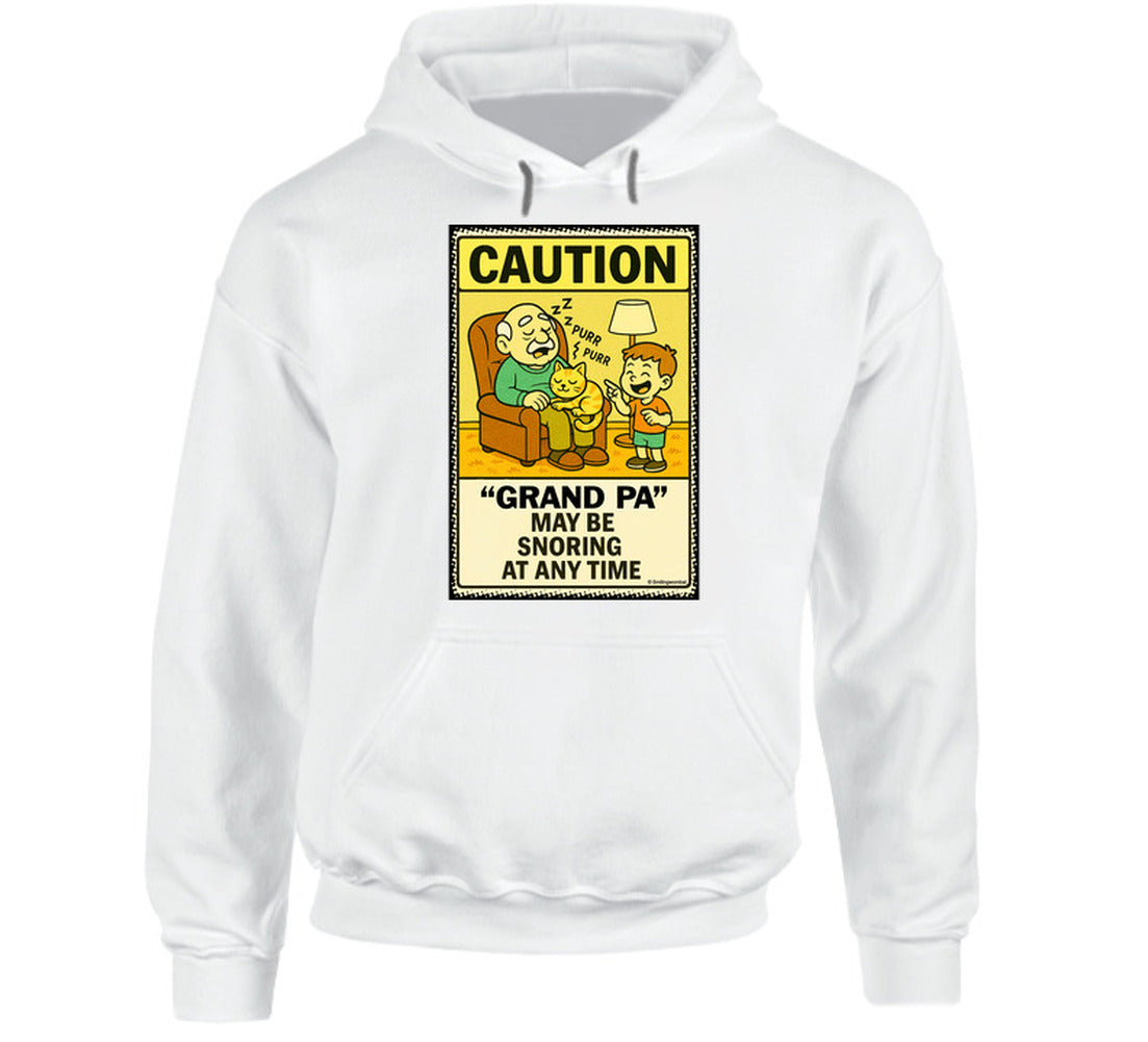 - “Funny hoodie with sleeping grandpa and caution sign – Smiling Wombat humor”
