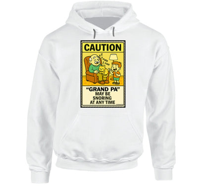 - “Funny hoodie with sleeping grandpa and caution sign – Smiling Wombat humor”
