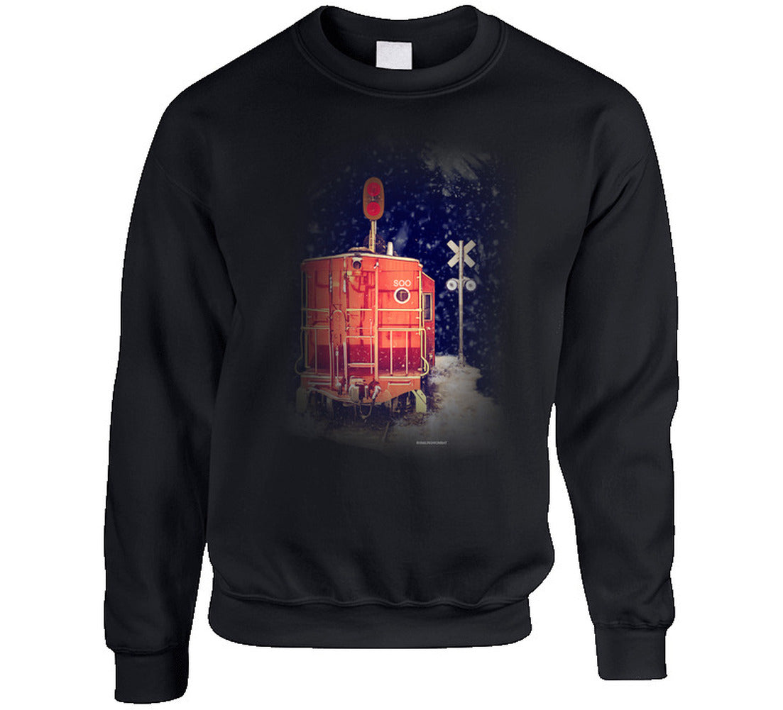 “Snowy red caboose winter sweatshirt – Smiling Wombat apparel”