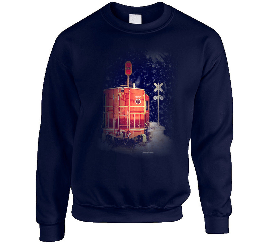 “Snowy red caboose winter sweatshirt – Smiling Wombat apparel”