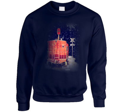 “Snowy red caboose winter sweatshirt – Smiling Wombat apparel”