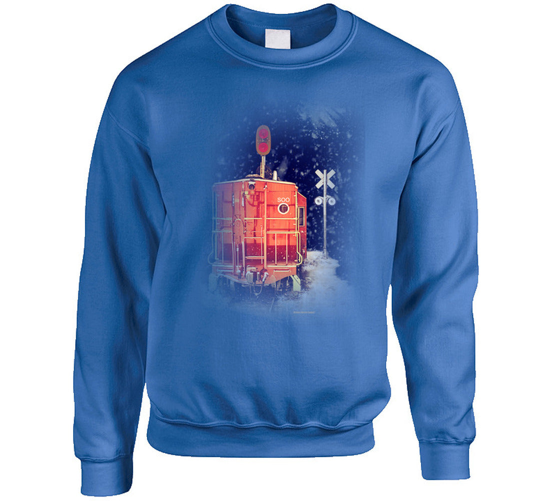 “Snowy red caboose winter sweatshirt – Smiling Wombat apparel”