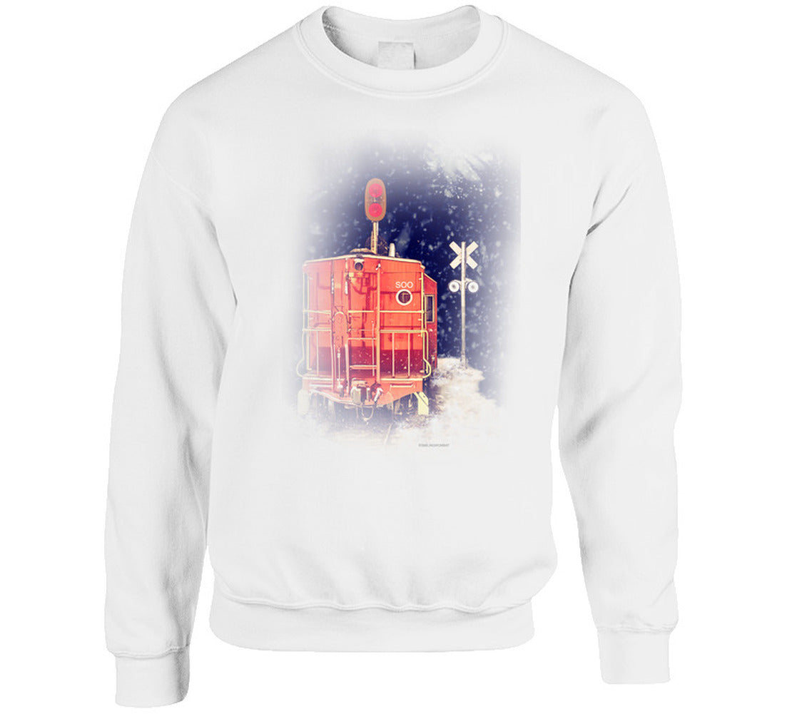 “Snowy red caboose winter sweatshirt – Smiling Wombat apparel”