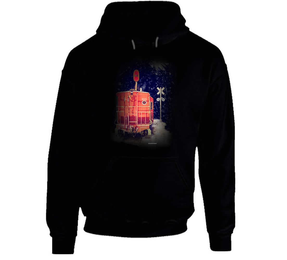 “Vintage caboose in snow hoodie – Smiling Wombat winter design”