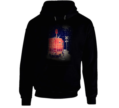 “Vintage caboose in snow hoodie – Smiling Wombat winter design”