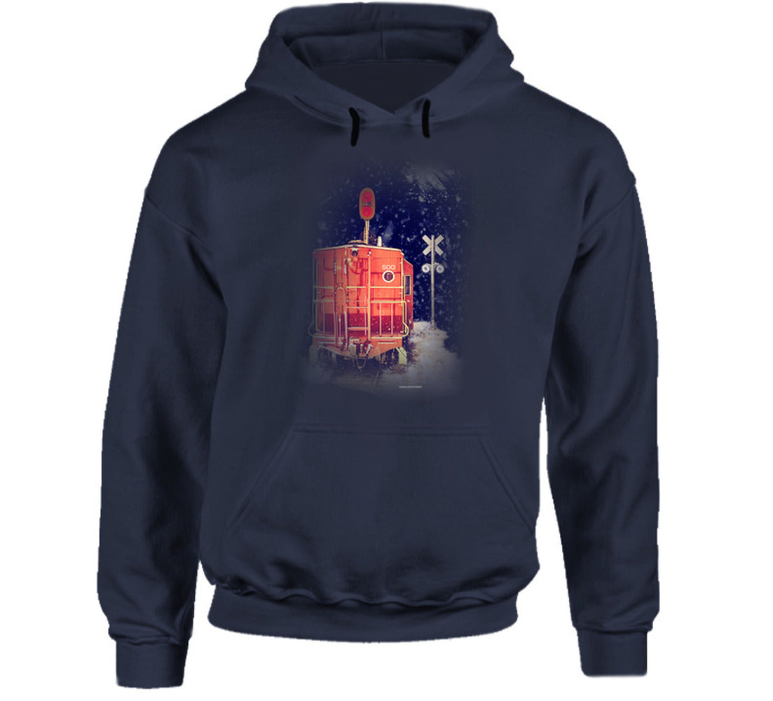 “Vintage caboose in snow hoodie – Smiling Wombat winter design”