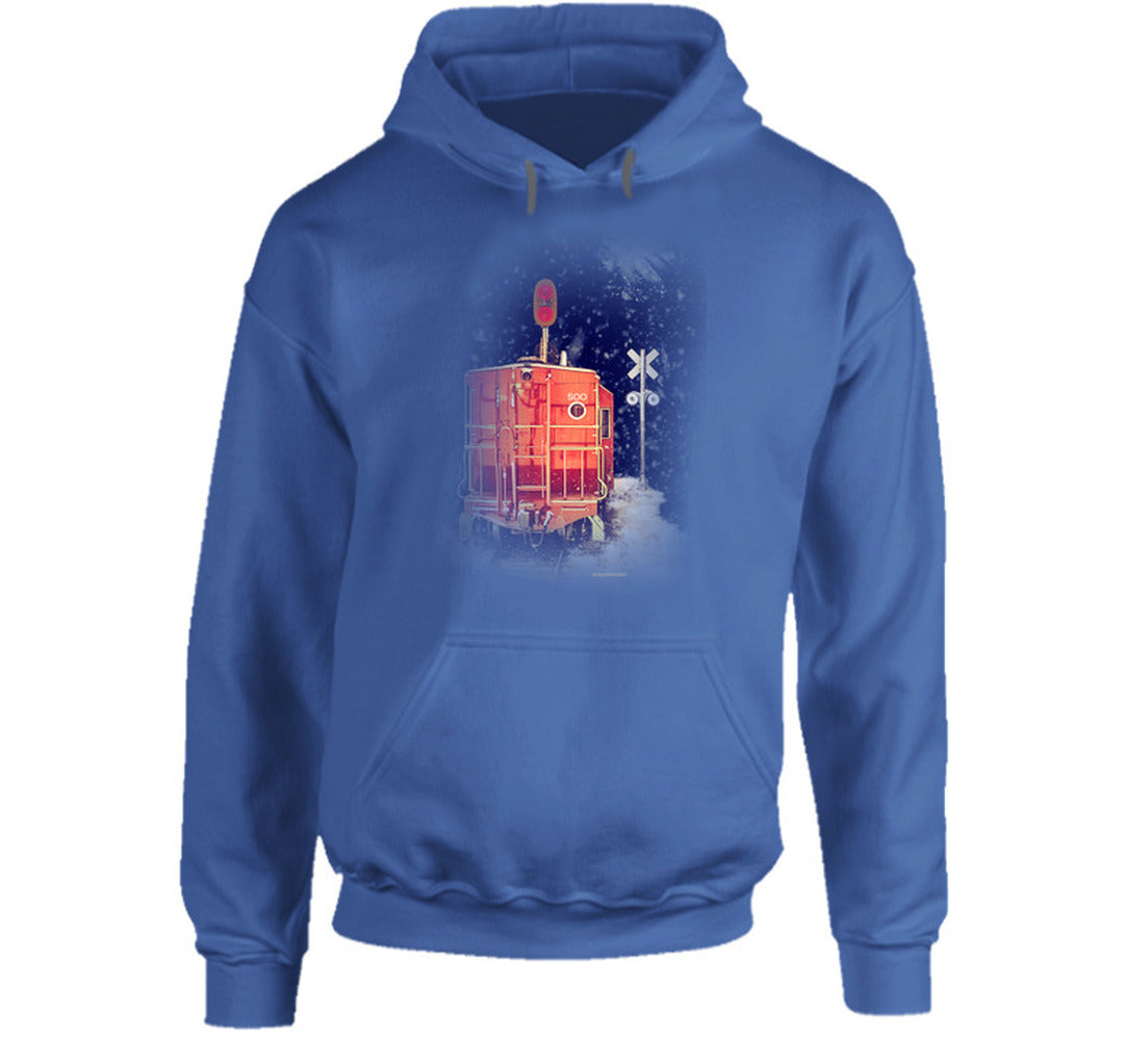 “Vintage caboose in snow hoodie – Smiling Wombat winter design”