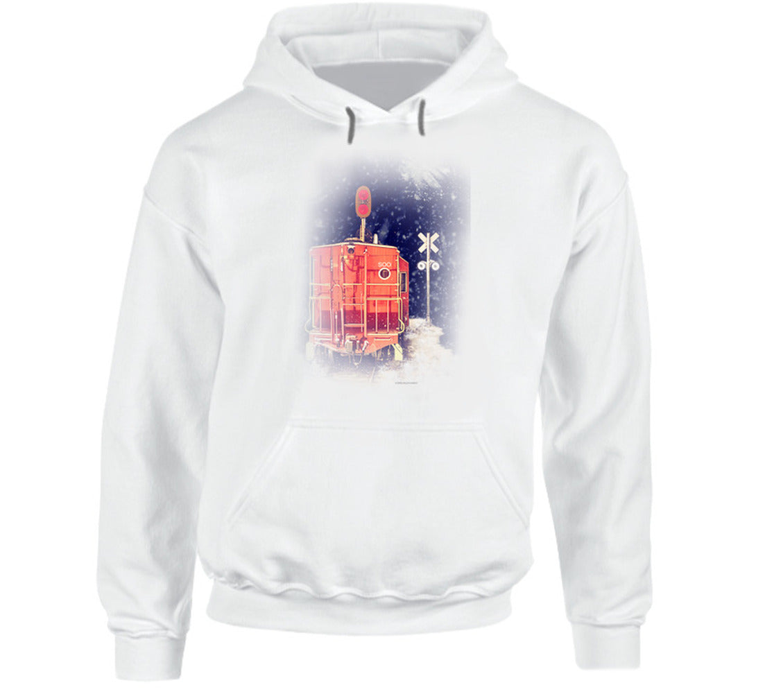 “Vintage caboose in snow hoodie – Smiling Wombat winter design”