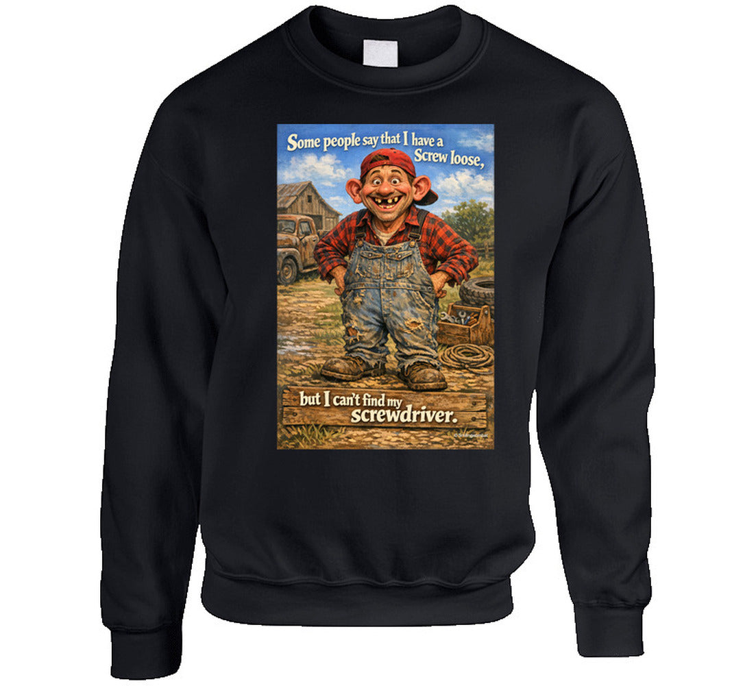 “Humorous sweatshirt featuring cartoon man in coveralls – Smiling Wombat style”