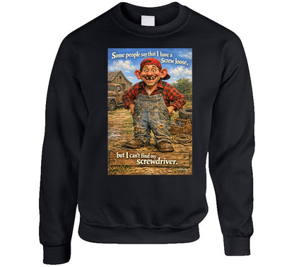 “Humorous sweatshirt featuring cartoon man in coveralls – Smiling Wombat style”
