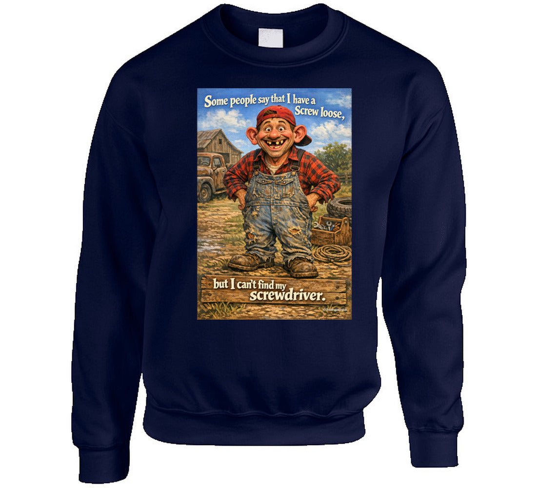 “Humorous sweatshirt featuring cartoon man in coveralls – Smiling Wombat style”