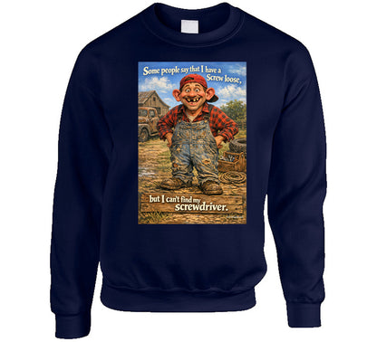 “Humorous sweatshirt featuring cartoon man in coveralls – Smiling Wombat style”
