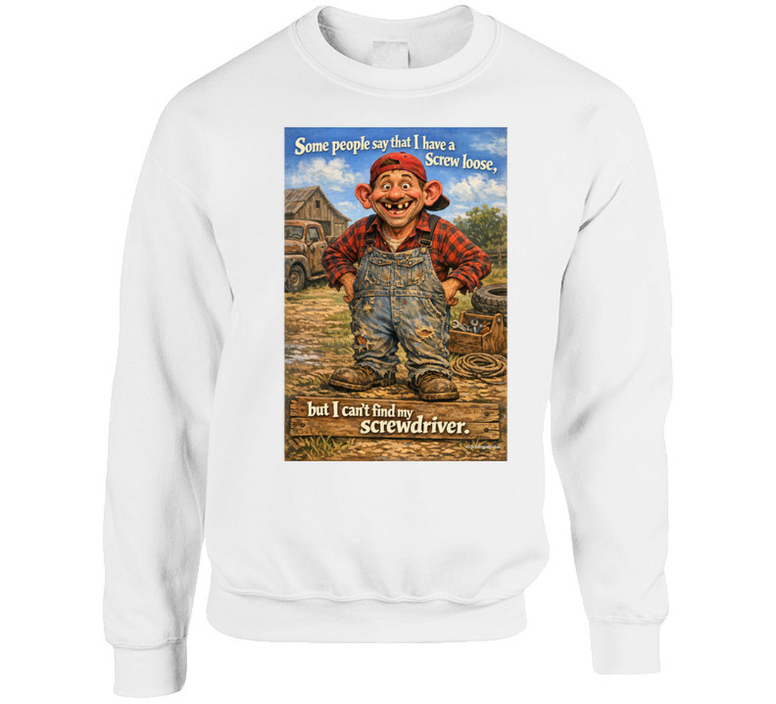 “Humorous sweatshirt featuring cartoon man in coveralls – Smiling Wombat style”