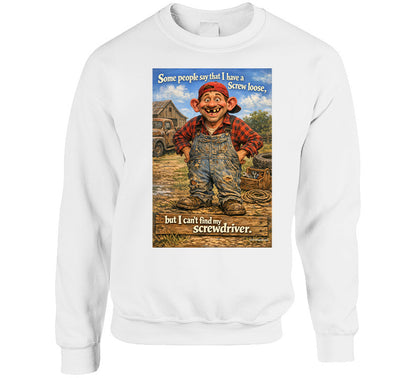 “Humorous sweatshirt featuring cartoon man in coveralls – Smiling Wombat style”