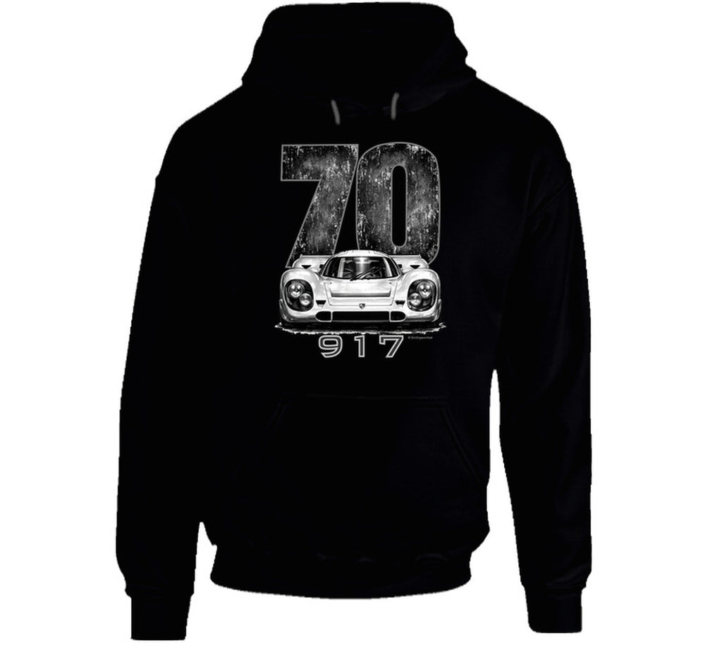 “1970 Porsche 917 Hoodie with Retro Racing Artwork by Smiling Wombat”