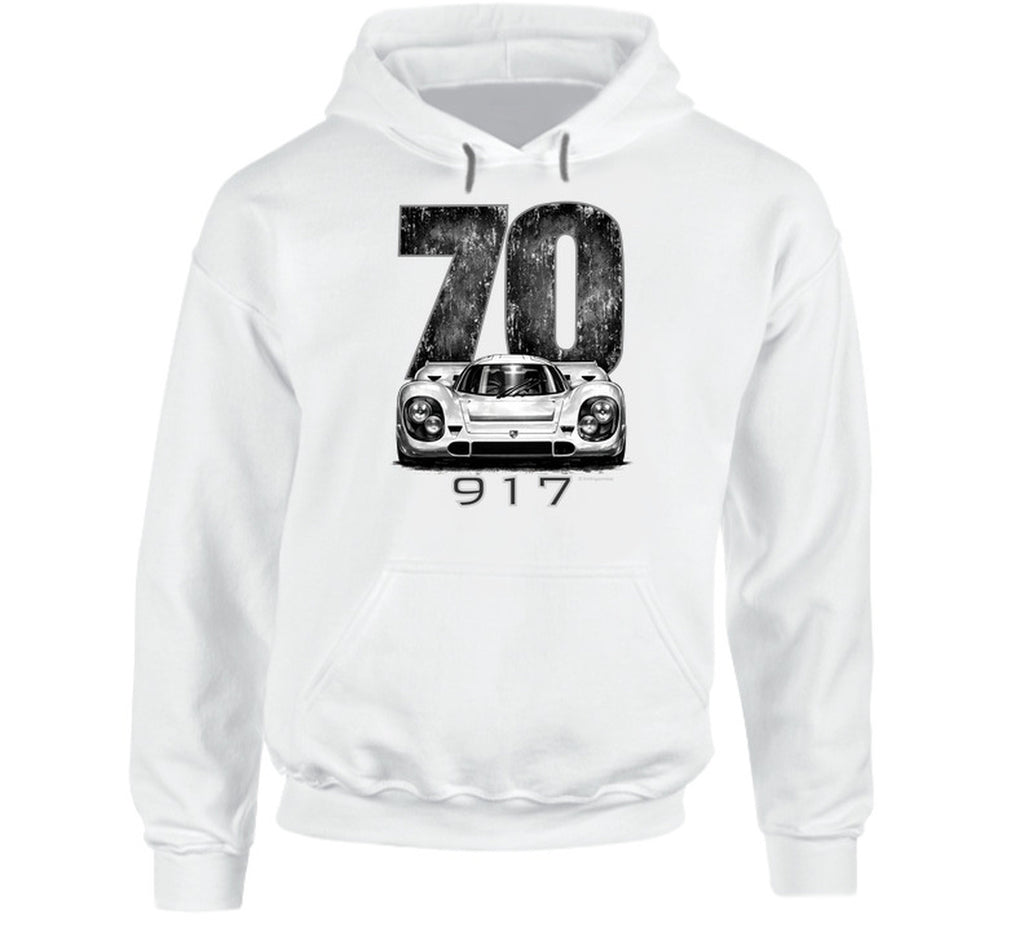 “1970 Porsche 917 Hoodie with Retro Racing Artwork by Smiling Wombat”
