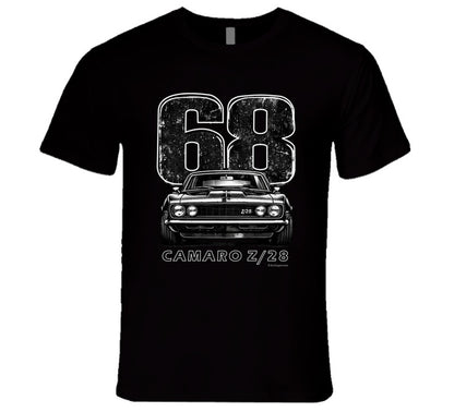 "1968 Camaro Z/28 graphic t-shirt with vintage muscle car design"