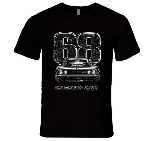 "1968 Camaro Z/28 graphic t-shirt with vintage muscle car design"