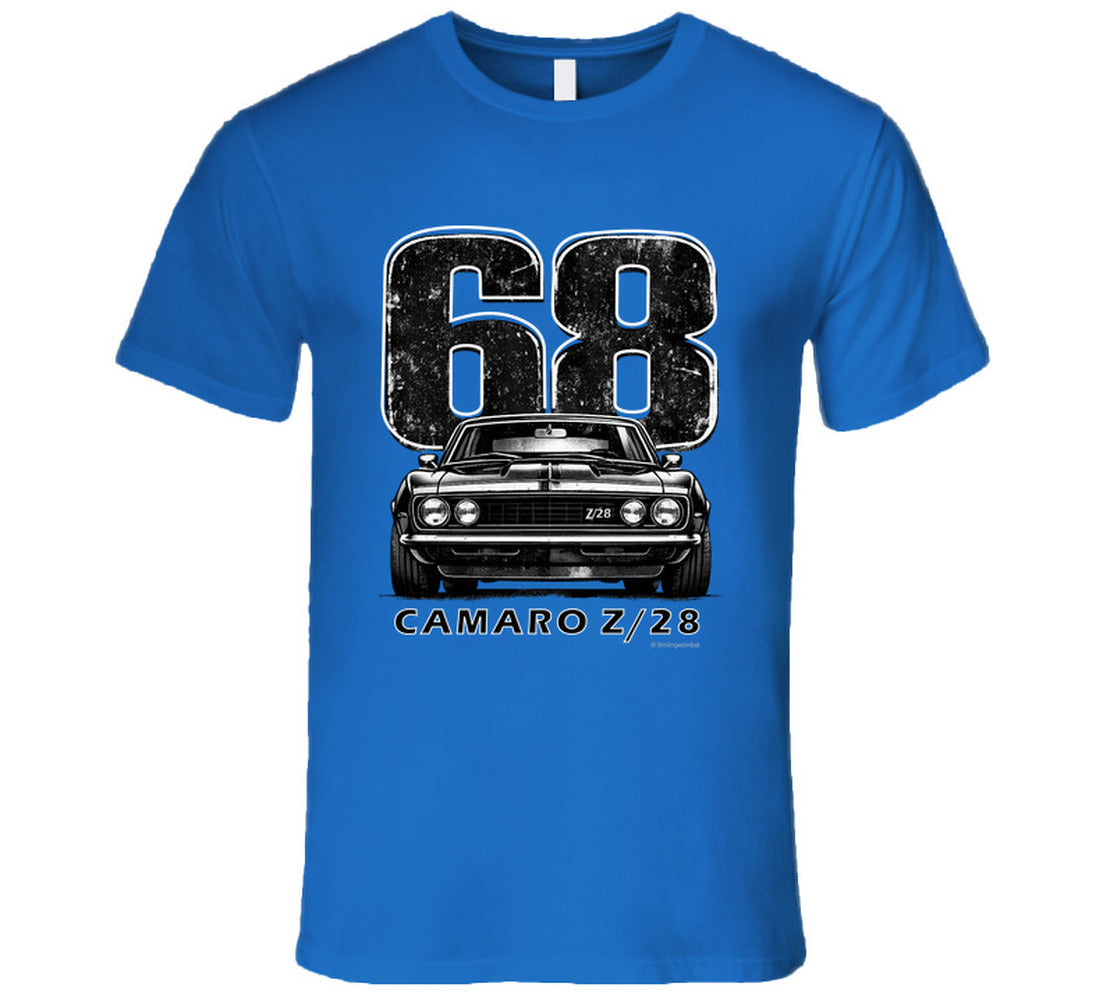 "1968 Camaro Z/28 graphic t-shirt with vintage muscle car design"